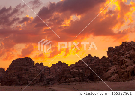 colorful sunset sky, rocks in Little Petra, Jordan colorful sunset sky, rocks in Little Petra, Jordan 105387861