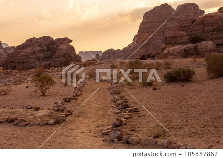sandstone rocks in little petra Jordan at sunset sandstone rocks in little petra Jordan at sunset 105387862