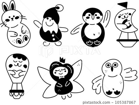 Character doodle set2. 7 cute characters. Cartoon white and black vector illustration. 105387867