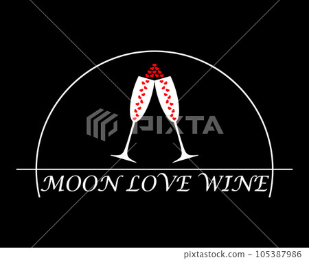 Moon and two wine glasses with hearts inside. They are clink and cheers. Design for print, dates, love romantic and other ideas. White silhouettes on a black background. Isolated vector illustration. Moon and two wine glasses with hearts inside. They are clink and cheers. Design for print, dates, love romantic and other ideas. White silhouettes on a black background. Isolated vector illustration. 105387986