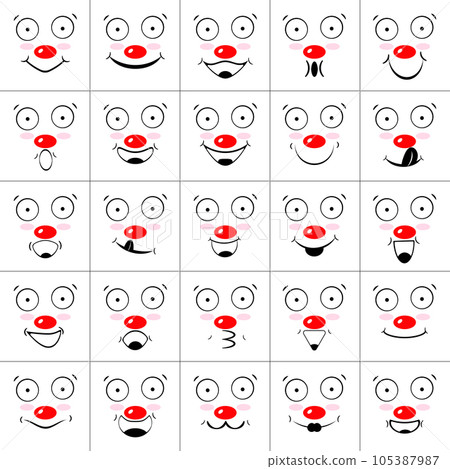 Set of faces of clowns with smiles, laughter and red noses. Collection of emoticons and emoji. Black elements on a white background. Outline, isolated vector illustrations, icons. 105387987