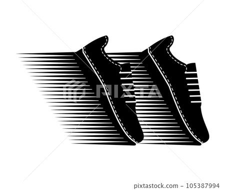 Two sneakers on abstract shelf. A pair of sports shoes for running. Black and white silhouette. Sport footwear for men and women. Fashionable youth shoes. Vector illustration, icon, logo. Side view. Two sneakers on abstract shelf. A pair of sports shoes for running. Black and white silhouette. Sport footwear for men and women. Fashionable youth shoes. Vector illustration, icon, logo. Side view. 105387994