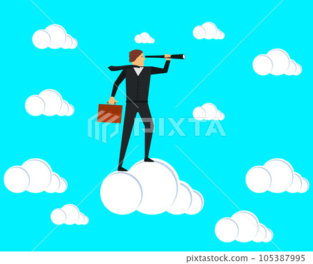 A businessman stands on a cloud and looks through a spyglass. Vector illustration. A businessman stands on a cloud and looks through a spyglass. Vector illustration. 105387995