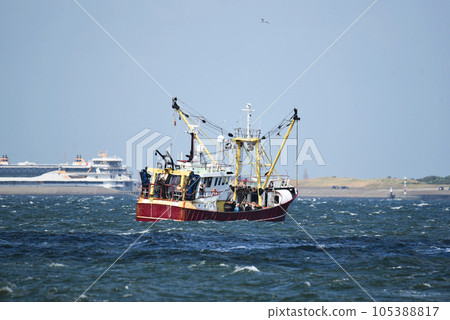 Den Helder, Netherlands. July 2, 2023. Service vessels on the Marsdiep near Den Helder. 105388817