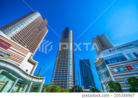 Kawasaki cityscape in Japan, summer. A view of tower apartments in front of Musashi-Kosugi Station Kawasaki cityscape in Japan, summer. A view of tower apartments in front of Musashi-Kosugi Station 105388907