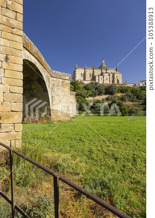 Roman Bridge and Cathedral, Coria, Caceres province, Extremadura, Spain 105388913