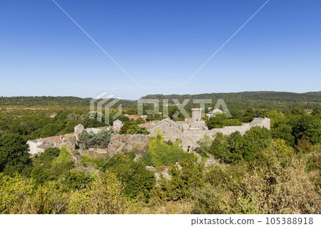 View of the medieval village of La Couvertoirade in Larzac, Aveyron, France 105388918