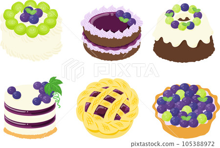 It is an icon design of lovely and juicy grape sweets such as various cakes, pies and tarts. 105388972