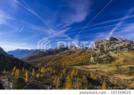 Landscape near Livinallongo del Col di Lana and Valparola Pass, Dolomites Alps, South Tyrol, Italy Landscape near Livinallongo del Col di Lana and Valparola Pass, Dolomites Alps, South Tyrol, Italy 105389029