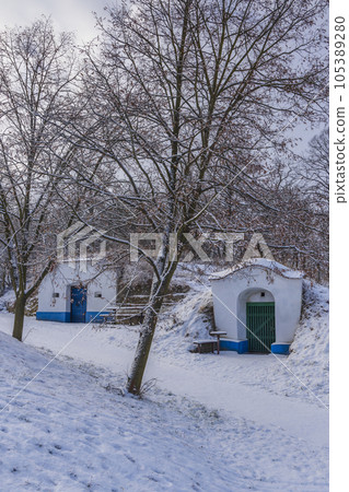 Group of typical outdoor wine cellars in Plze near Petrov, Southern Moravia, Czech Republic Group of typical outdoor wine cellars in Plze near Petrov, Southern Moravia, Czech Republic 105389280