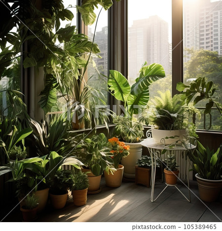 Urban jungle, love for plants concept. Interior of cozy home garden with fresh green houseplants, natural home decor Urban jungle, love for plants concept. Interior of cozy home garden with fresh green houseplants, natural home decor 105389465