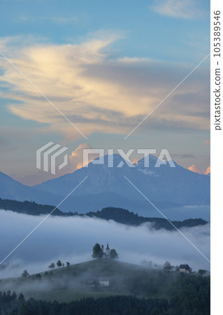 Landscape with St. Thomas Church (Cerkev Sveti Tomaz) near Skofja Loka, Slovenia 105389546