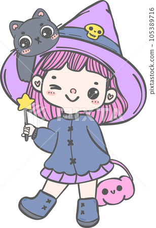 Cute and kawaii whimsical diversity Halloween Witch Cartoon hand drawing 105389716