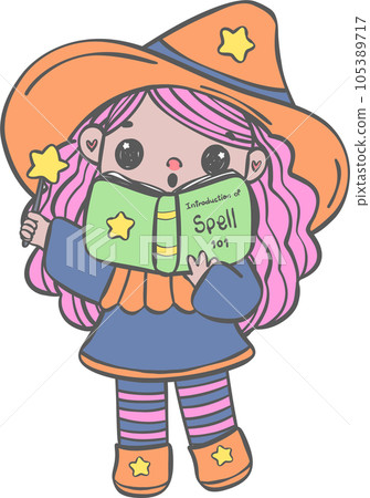 Cute and kawaii whimsical diversity Halloween Witch Cartoon hand drawing 105389717