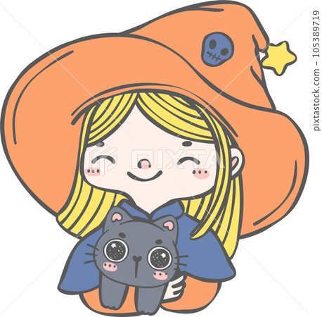 Cute and kawaii whimsical diversity Halloween Witch Cartoon hand drawing 105389719
