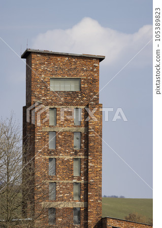 Red Tower of Death, UNESCO site with inscription in Czech language "Ruda vez smrti" a national monument in Dolni Zdar near Ostrov, Western Bohemia, Czech Republic 105389823