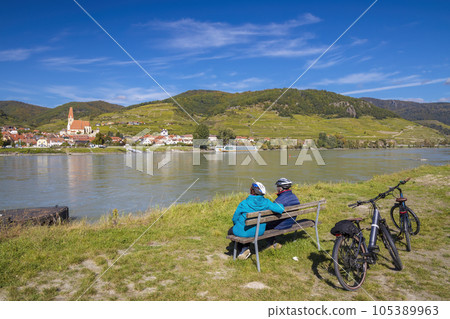 Wachau valley with Weisenkirchen in der Wachau and Danube river, UNESCO site, Austria 105389963