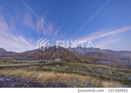 Landscape near Sella di Razzo and Sella di Rioda pass, Carnic Alps, Friuli-Venezia Giulia, Italy 105389982