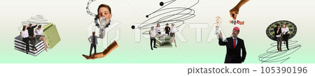 Business people, office workers, employee working, developing strategies and projects. Deadlines and brainstorming. Contemporary art collage. Business people, office workers, employee working, developing strategies and projects. Deadlines and brainstorming. Contemporary art collage. 105390196