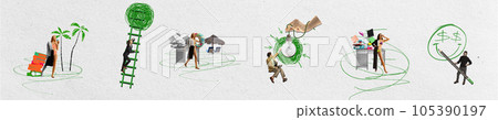 Young people, employees in combination of working lifestyle and holidays. Contemporary art collage. Young people, employees in combination of working lifestyle and holidays. Contemporary art collage. 105390197