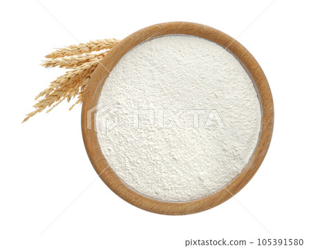 Organic flour and spikelets isolated on white, top view 105391580