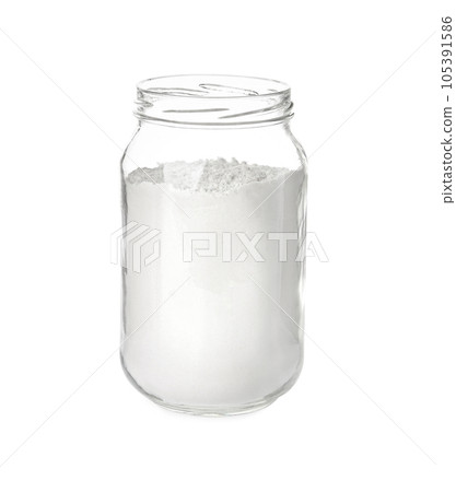 Organic flour in glass jar isolated on white 105391586