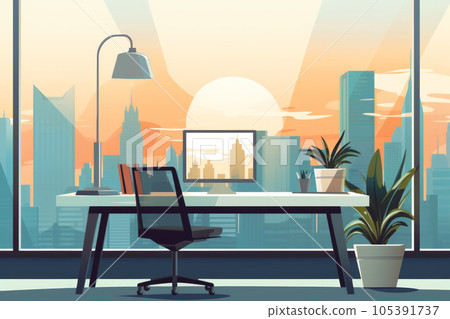 Empty office space with big windows and sunset illustratio. Generative AI 105391737