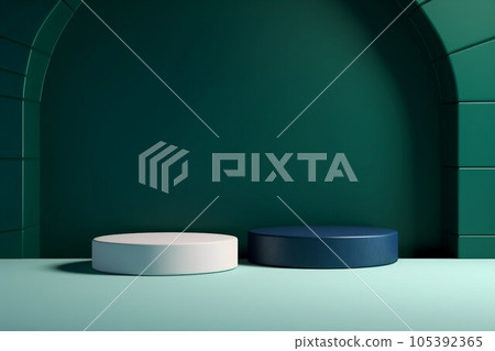 Abstract template with two cylindrical exhibition stands on a green background with arches. AI generated image 105392365