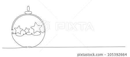 Christmas ball continues one single line hand drawing sketch. Vector stock illustration isolated on white background for design template winter holiday banner, card, invitation. Editable stroke. EPS10 Christmas ball continues one single line hand drawing sketch. Vector stock illustration isolated on white background for design template winter holiday banner, card, invitation. Editable stroke. EPS10 105392664