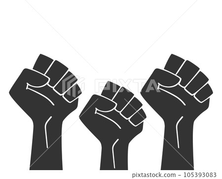 Raised three fists outline isolated on a white background. Clenched fist held in protest. Revolution fist raised in the air. Vector illustration 105393083