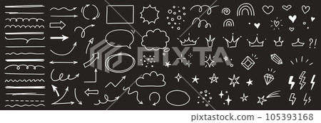 Sketch line arrow element, star, heart shape on chalkboard background. Hand drawn doodle sketch style circle, cloud speech bubble grunge element. Arrow, star, heart decoration. Vector Sketch line arrow element, star, heart shape on chalkboard background. Hand drawn doodle sketch style circle, cloud speech bubble grunge element. Arrow, star, heart decoration. Vector 105393168