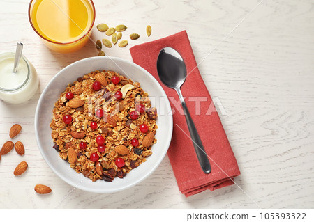 Tasty healthy breakfast served on white wooden table, flat lay 105393322