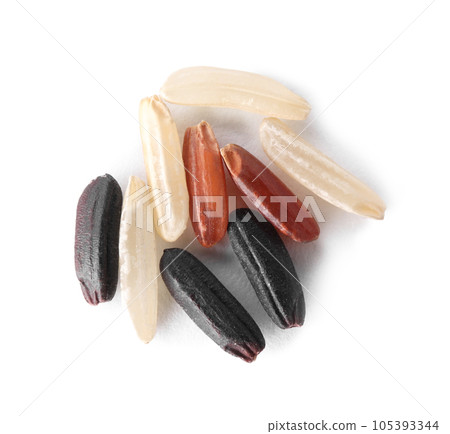 Different sorts of brown rice isolated on white, top view 105393344