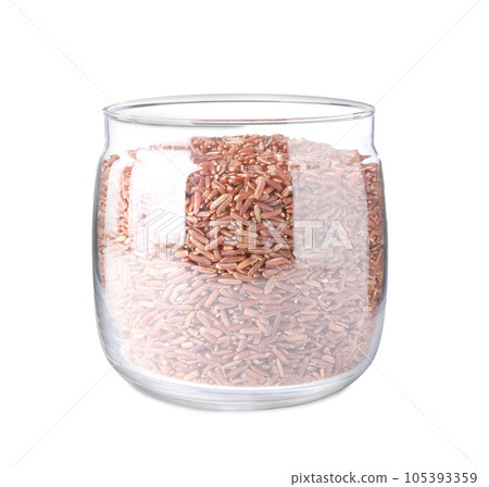 Brown rice in jar isolated on white 105393359