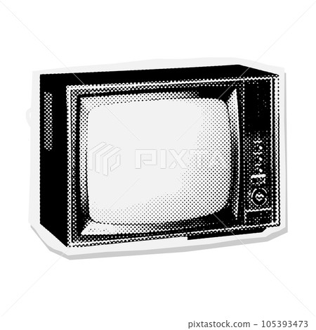 Halftone retro tv icon in pop art retro style. Cartoon vintage 70s, 80s television. Vector illustration with vintage grunge punk cutout shape. Halftone retro tv icon in pop art retro style. Cartoon vintage 70s, 80s television. Vector illustration with vintage grunge punk cutout shape. 105393473