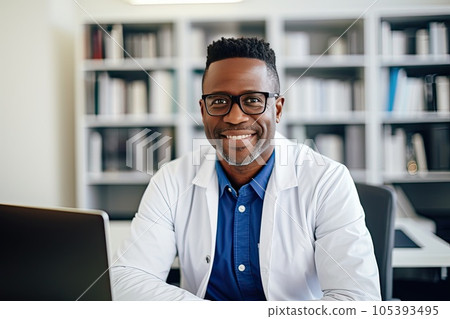 Smiling African-American male doctor in his office looking at camera. 105393495