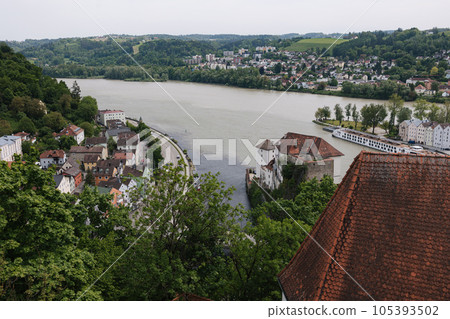 The place where three rivers merge. The view from the mountain on the banks of the rivers 105393502