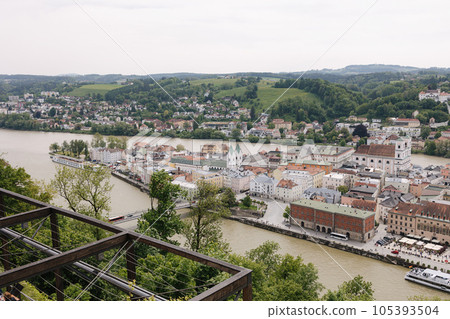 The place where three rivers merge. The view from the mountain on the banks of the rivers 105393504