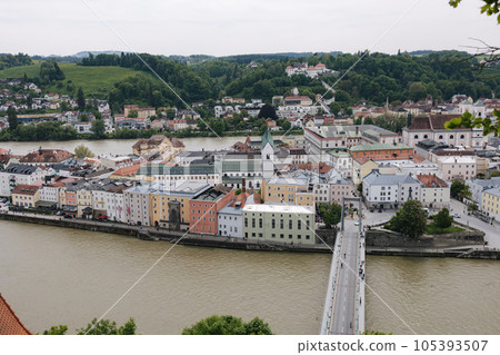 The beautiful ancient city is surrounded by two rivers. View of the city from the mountain 105393507
