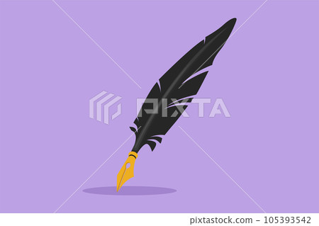 Character flat drawing antique feather quill pen logo, label, flyer, sticker, card, symbol. Old literature and poet writing feather pen supply. Classic stationery. Cartoon design vector illustration 105393542