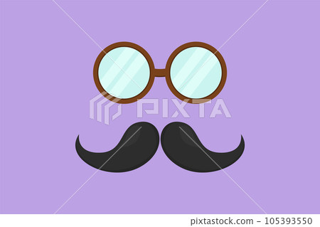 Cartoon flat style drawing old retro men face accessories logo, label, flyer, sticker, card, symbol. Moustaches and glasses icon, template, logotype. Retro fashion. Graphic design vector illustration 105393550