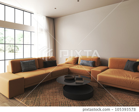 Home mockup picture frame. Beige livingroom interior design with natural orange furniture. Scandi boho style interior background. 3d render. High quality 3d illustration Home mockup picture frame. Beige livingroom interior design with natural orange furniture. Scandi boho style interior background. 3d render. High quality 3d illustration 105393578