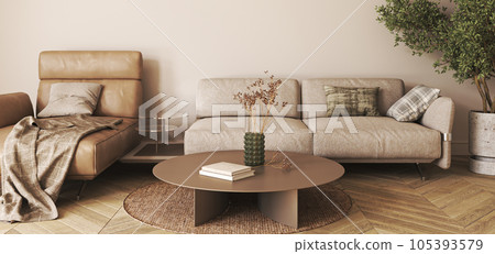 Modern livingroom interior design with beige furniture, hardwood flooring, sofa and trees. Horizontal banner panoramic background. 3d rendering. High quality 3d illustration 105393579