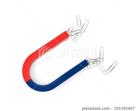 Magnet attracting paper clips on white background, top view Magnet attracting paper clips on white background, top view 105393807