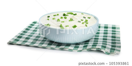 Fresh sour cream with onion and fabric on white background 105393861