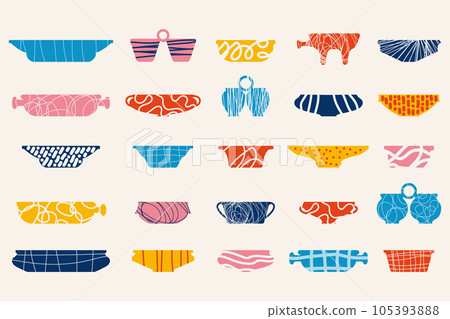 Ceramic plates with simple bright elements. Vector illustrations pottery set 105393888