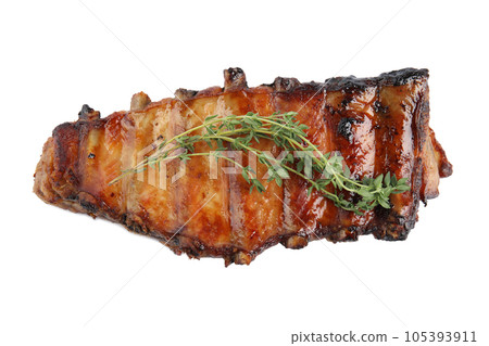 Tasty grilled ribs with thyme isolated on white, top view Tasty grilled ribs with thyme isolated on white, top view 105393911