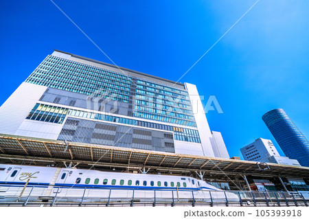 Yokohama cityscape in Japan Summer, intense heat. View of Shin-Yokohama Station, Shinkansen, Yokohama Prince Hotel, etc. 105393918