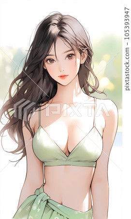 手绘卡通动漫唯美的可爱的泳装女孩插画 105393947