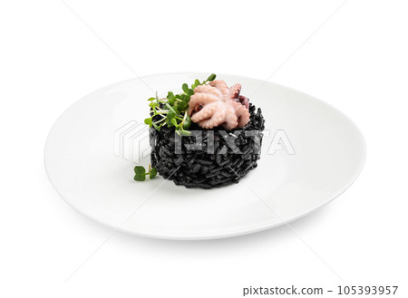 Delicious black risotto with baby octopus isolated on white 105393957